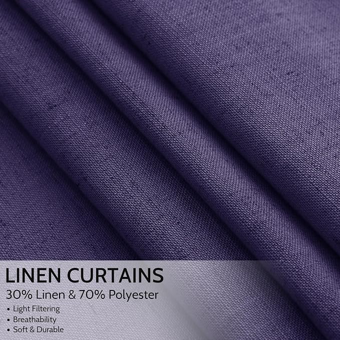 Purple Linen Blend Light Filtering Back Tab Curtains 96 Inches Long, Semi Sheer - Image 2