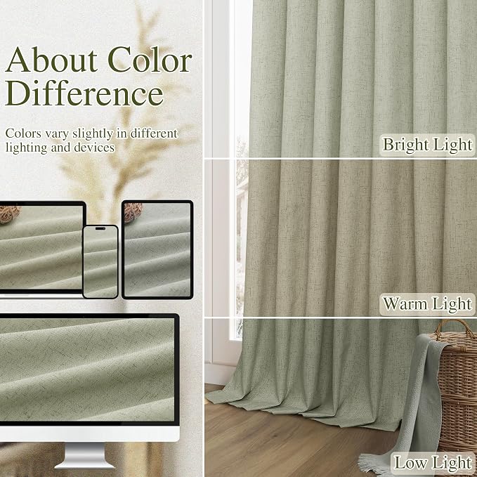 Sage Green 100% Blackout Linen Curtains 102 Inch Length 2 Panels Set - Image 7