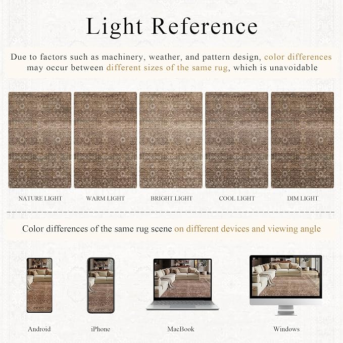 Schweek 8ft Round Rug Vintage Brown Neutral Washable Non-Slip Circle Rugs | - Image 5