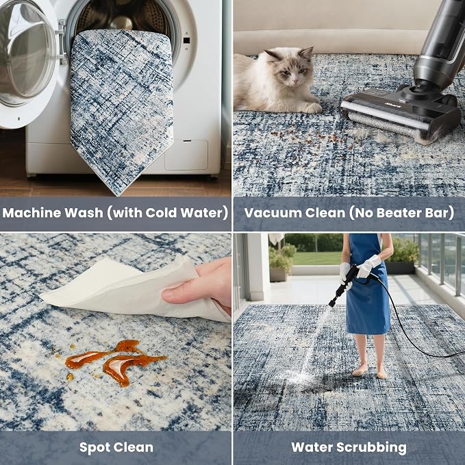 9x12 Washable Area Rug for Living Room Bedroom: Non-Slip Modern Blue Gold | - Image 5