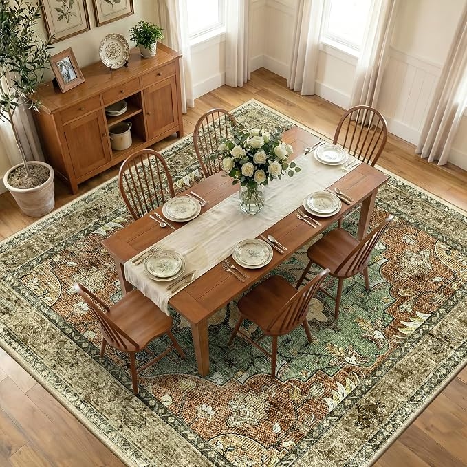 RELEANY Washable Area Rug, Square 10'x10', Brick/Brown/Green | Non-Slip by RELEANY