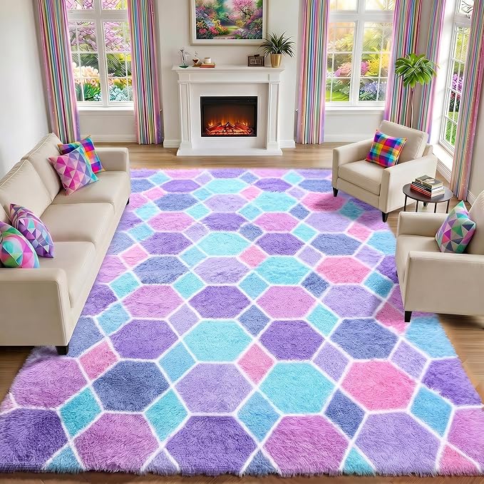 Checkered 8x10 Area Rugs for Living Room, Fluffy Purple Rainbow Girls Rug | - Image 5