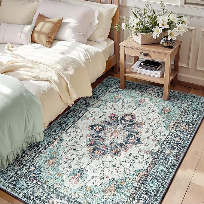 RELEANY Washable Area Rug, Teal Green/White/Navy | Non-Slip, Water Repellent by RELEANY