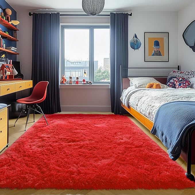 Red Area Rugs for Bedroom Living Room, Fluffy 4x6 Indoor Bedside Floor Throw Rug by ONASAR
