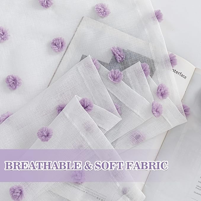 MYSKY HOME Purple Pom Pom Sheer Curtains for Bedroom and Living Room - 95 Inch Length Light Filtering Rod Pocket Window Backdrops for Large Sliding Doors - 52 x 95 in 2 Panels