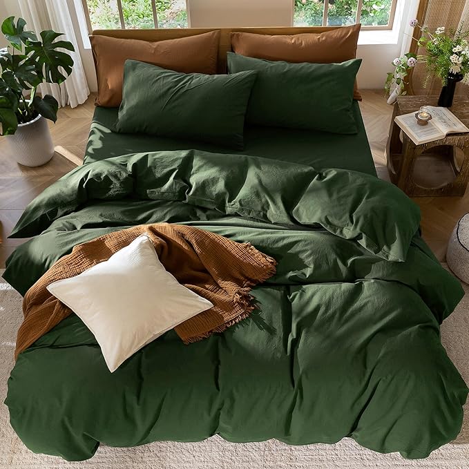 MooMee Bedding Duvet Cover Set 100% Washed Cotton Linen Like Textured Breathable Durable Soft Comfy (Solid Forest Green, Oversized King Plus 128"x120")