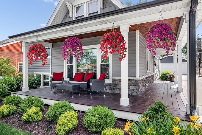 Artificial Fake Hanging Hibiscus Flowers Plants Baskets for Outdoor Decor, Faux Silk Hibiscus Long Vines in Planter UV Resistant Realistic Flowers for Outside Porch Patio Home Decoration, Red