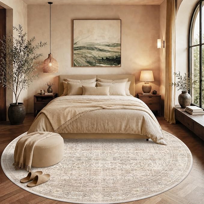 Schweek 8ft Circle Rug Neutral Beige Vintage Washable Non-Slip Round Rugs | - Image 2