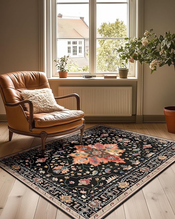 RELEANY Washable Area Rug, Water Repellent, Pet Friendly, Vintage Floral Boho by RELEANY