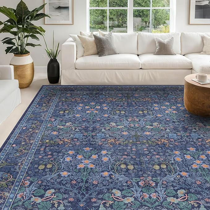 Vintage Dark Blue Living Room Rug, 7x10 Washable Large Area Rugs by HazoHaus