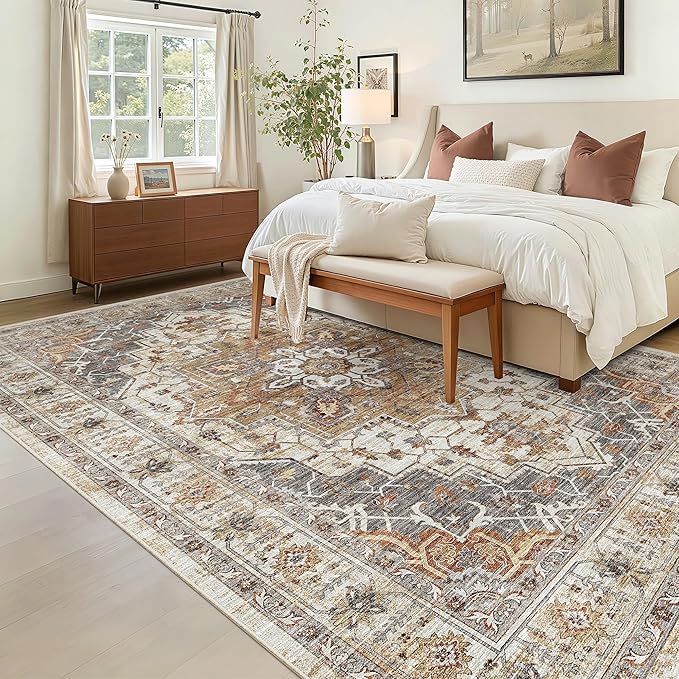 Madane 6x9 Area Rugs for Living Room, Vintage Washable Rug, Turmeric/Grey | - Image 2