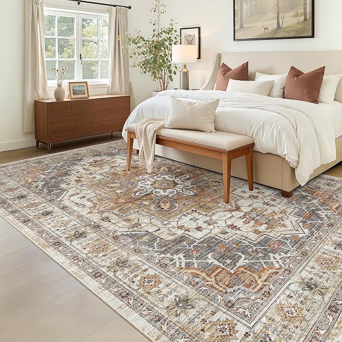 Madane 5x7 Area Rugs for Living Room, Non-Slip Washable Rug, Turmeric/Grey | - Image 3