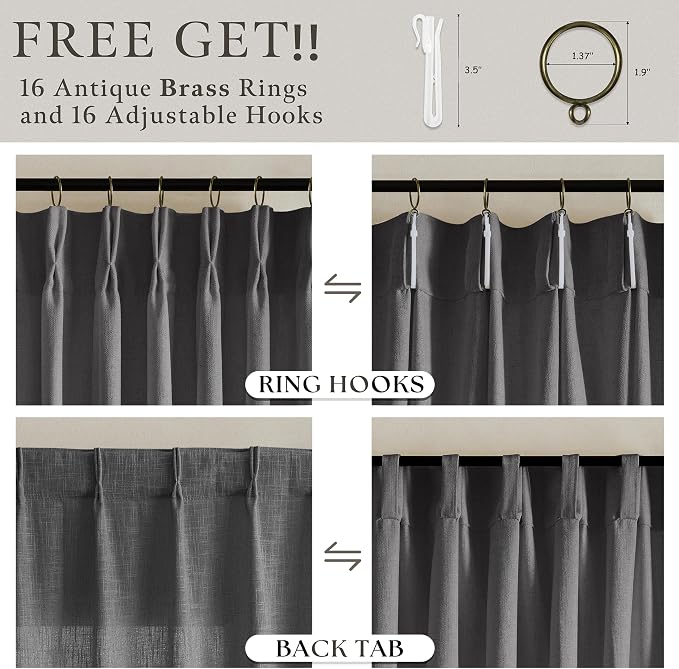 90 Inch Charcoal Gray Pleated Linen Light Filtering Memory Trained Curtains | - Image 5