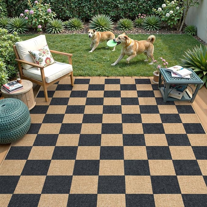Lahome Checkered Easy Jute Area Rug, 5x7 Outdoor Patio Rug Washable Carpet - Image 7