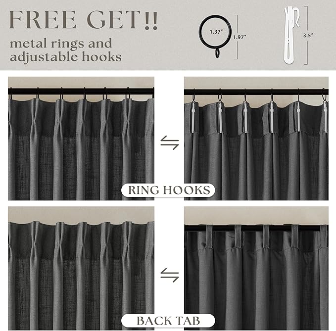 Dark Gray Linen Pinch Pleated Light Filter Curtains 102 Inches Long 2 Panels - Image 5