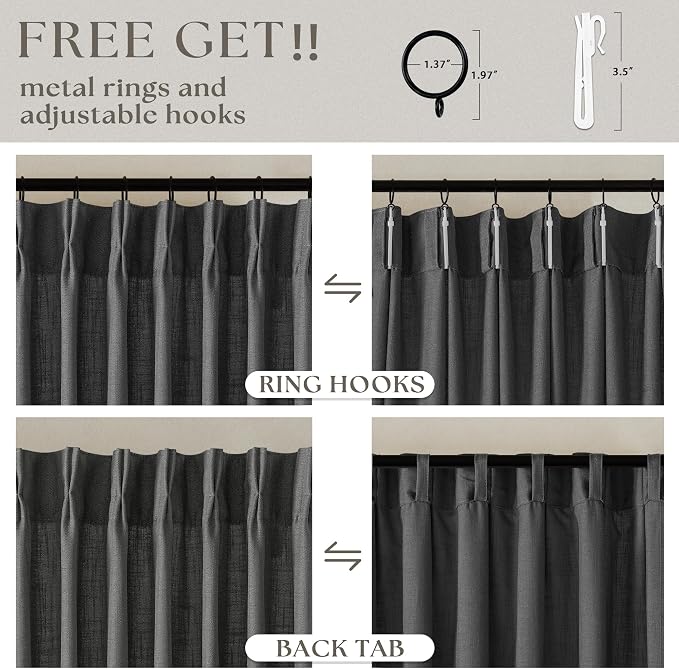 Charcoal Grey Pleated Linen Semi Sheer Curtains 45 Inch Length 2 Panels | - Image 5