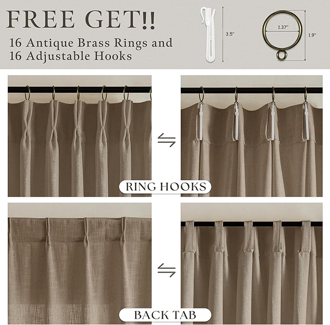 Latte Pinch Pleated Linen Light Filtering Memory Shaped Curtains 50Wx86L | Flax - Image 2