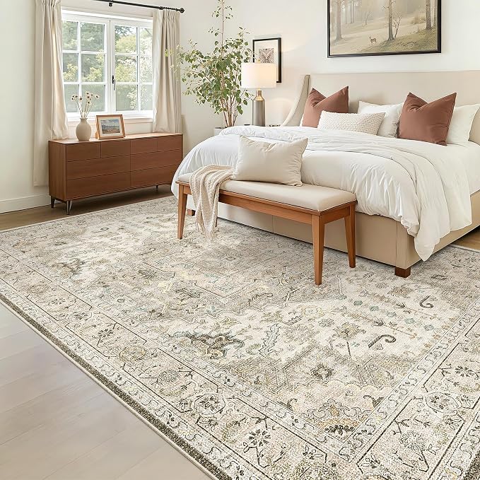 Madane 6x9 Area Rugs for Living Room, Vintage Washable Rug, Ivory/Brown | Stain - Image 4