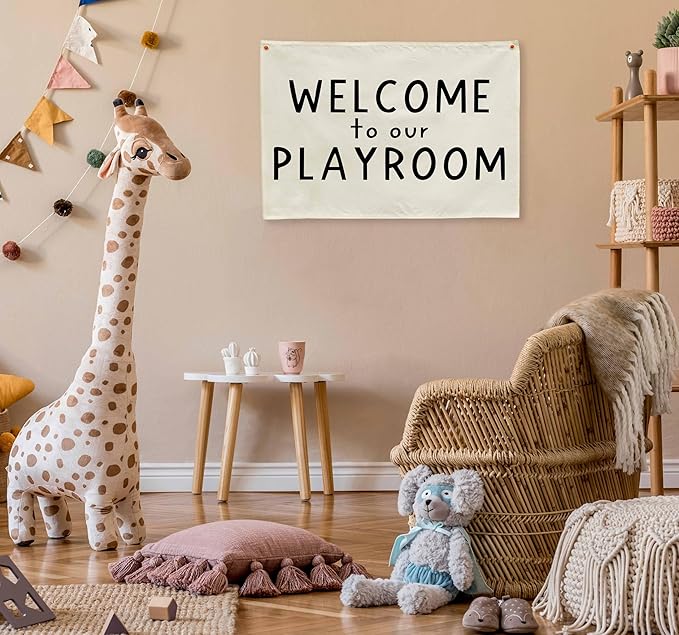 Hanging Rectangular Playroom Banner Flag Poster Wall Art Decoration Gift for Toddler Baby Boy Girl Kids Room Nursery Classroom Play Room Wall Decor-Baby Shower Christmas Gift Welcome to Our Playroom