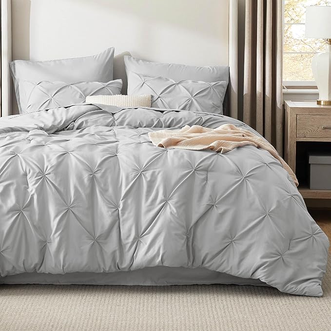 Bedsure Twin Comforter Set Light Grey - Bed in a Bag Twin Size Bedding 5 Pieces, GentleSoft™ Pintuck Bed Set Gift for Family, Pinch Pleat Light Grey Comforter with Sheets, Pillowcase & Sham
