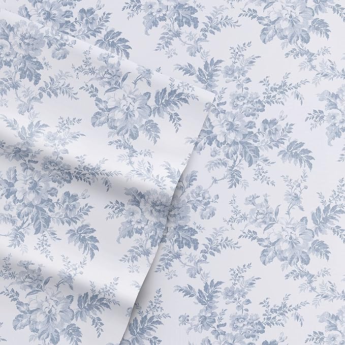 Laura Ashley - Flannel Sheets Full Size, Anti-Pilling & Wrinkle Resistant Cotton, Touchably Soft for All-Season Comfort - Bed Sheets with Matching Pillowcases & Fitted Sheet (Vanessa Blue)