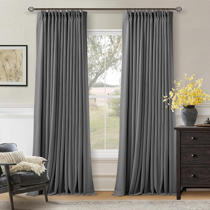 Dark Grey Pleated Thick Linen Blackout Curtains 102 Inches Long by Twodrapes