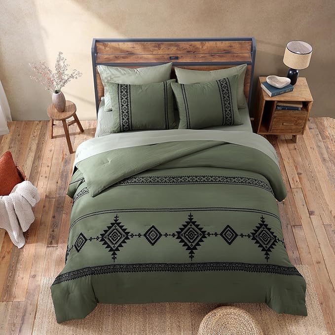 MaiRêve Olive Green Embroidery Comforter Sets Full Size - 7 Piece, Farmhouse Western Boho Comforter Set, All Season Bed in A Bag Full with Sheets, Pillowcases & Shams