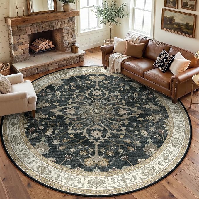 RELEANY Washable Area Rug, Round 8ft, Water Repellent, Pet Friendly, Vintage by RELEANY