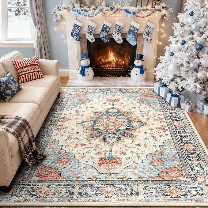 RELEANY Washable Area Rug, Water Repellent, Pet Friendly, Vintage Floral Boho by RELEANY