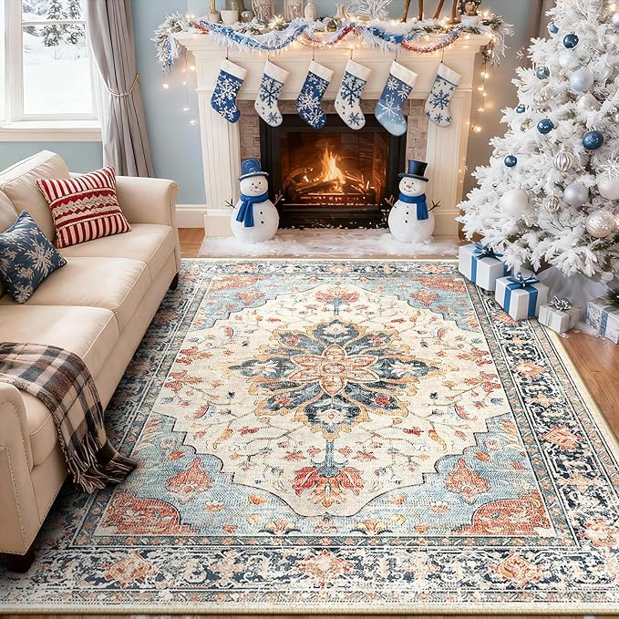 RELEANY Washable Area Rug, Water Repellent, Pet Friendly, Vintage Floral Boho - Image 2