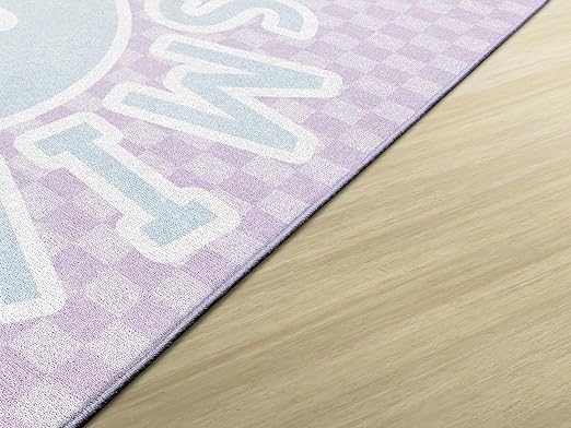 Flagship Carpets Schoolgirl Style Smiley on Lavender Checkerboard Educational Area Rug for Kids Room Seating Décor, Children's Classroom, Play Carpet for Teaching and Playroom, 5' x 7'6", Purple