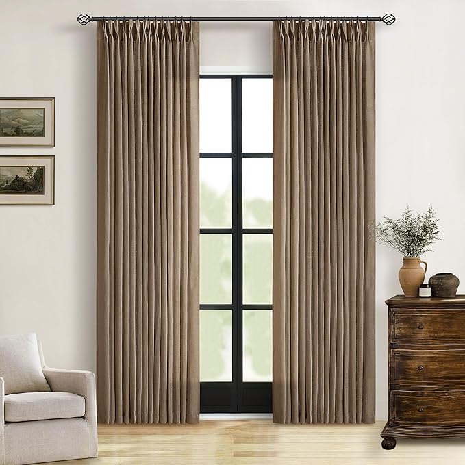 Brown 80 Inch Light Filtering Pinch Pleated Linen Curtains 2 Panels Set | Semi - Image 6