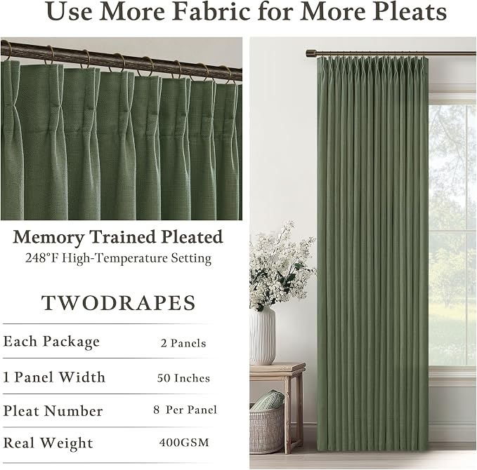 Olive Green Linen Pleated Curtains Semi Sheer Boho Curtain 50Wx80L 2 Panels | - Image 4