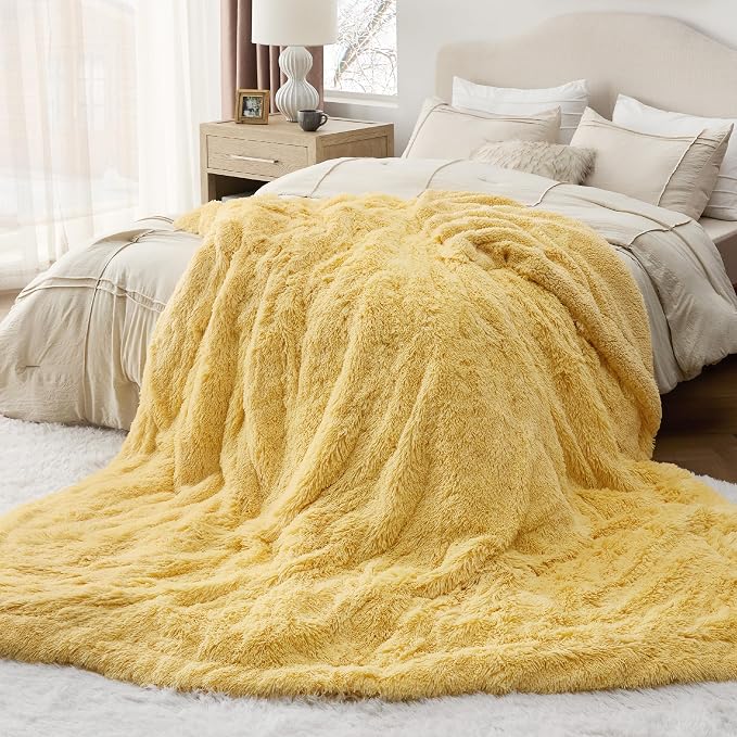 Bedsure GentleSoft Fluffy Yellow Blankets Queen Size - Image 6
