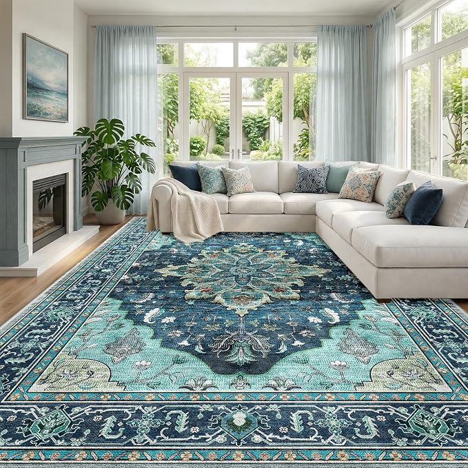RELEANY Washable Area Rug, Large 10'x12', Teal | Non-Slip, Water Repellent by RELEANY