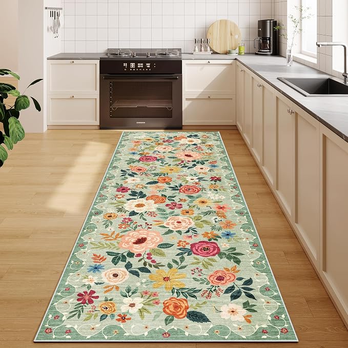 DUKINO 2x6 Runner Rug for Hallway, Washable Kitchen Rugs Non Slip, Floral by DUKINO