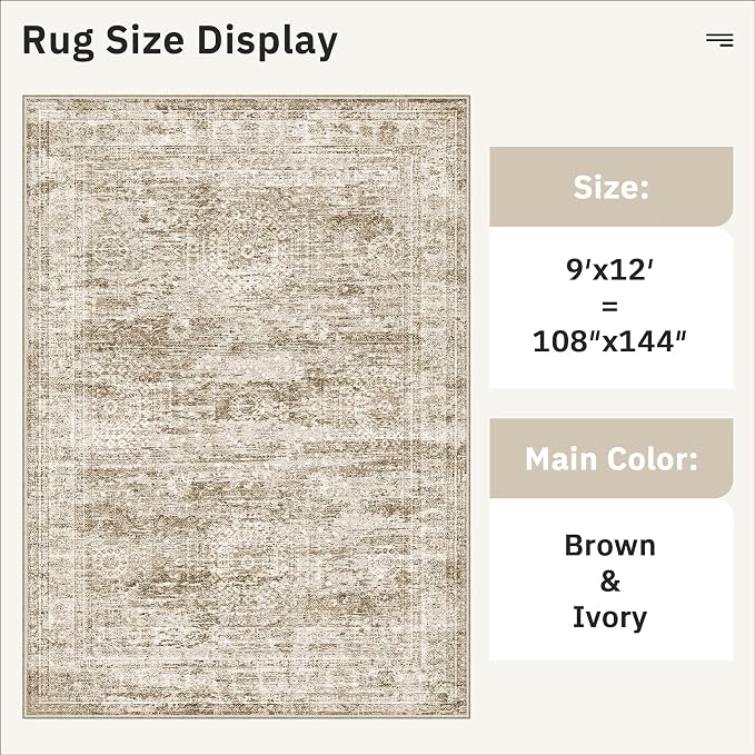 Soalmost 9x12 Area Rugs for Living Room Washable Rug Non-Slip Brown | Large - Image 5