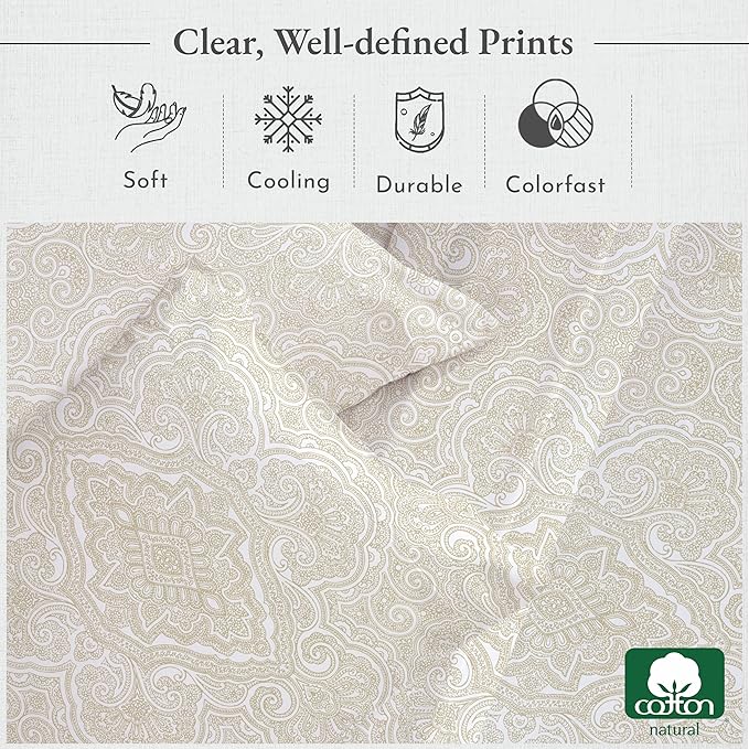 California Design Den Full Size Bed Sheets Set - 400 Thread Count Sateen, Natural 100% Cotton Sheets, Deep Pocket Cooling and Durable Bedding - Paisley Pattern, Beige