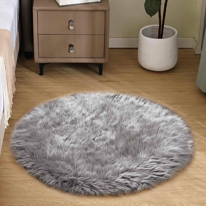Goolela Grey Round Rug 3ft Fluffy Faux Sheepksin Fur Rug Fuzzy Gray Bedside Rugs by Goolela