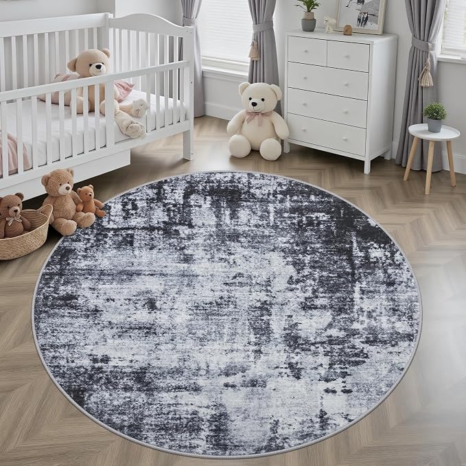 Round Area Rug Living Room: 4 ft Modern Washable Carpet Dark | - Image 3