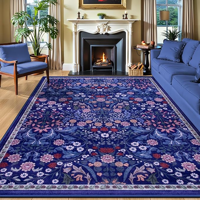PLHXFR Area Rug 10x14 Living Room: Floral Washable Boho Soft Carpet Blue | by PLHXFRSoftAreaRugs