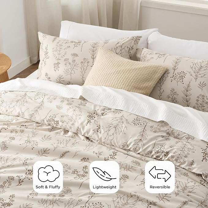 Bedsure King Comforter Set - Beige Bed Set, 3 Pieces Cute Floral Bedding, 1 Soft Botanical Flowers Comforter and 2 Pillow Shams