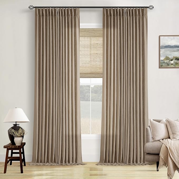 100 Inch Linen Blend Light Brown Memory Shape Pleated Curtains 2 Panels | by Twodrapes