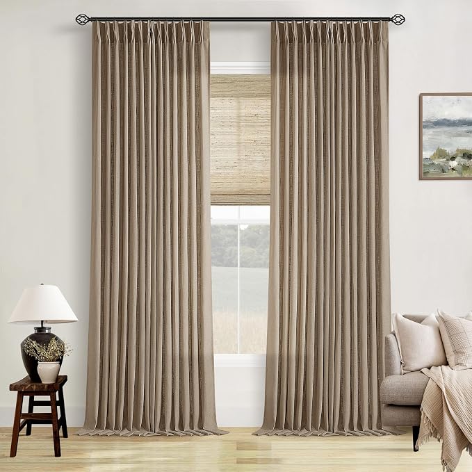 Pinch Pleat Semi Sheer Light Brown Linen Living Room Curtains 90 Inch Long | by Twodrapes