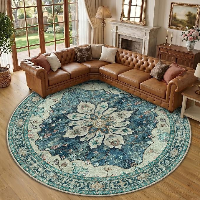 RELEANY Washable Area Rug, Round 10ft, Water Repellent, Pet Friendly, Vintage by RELEANY