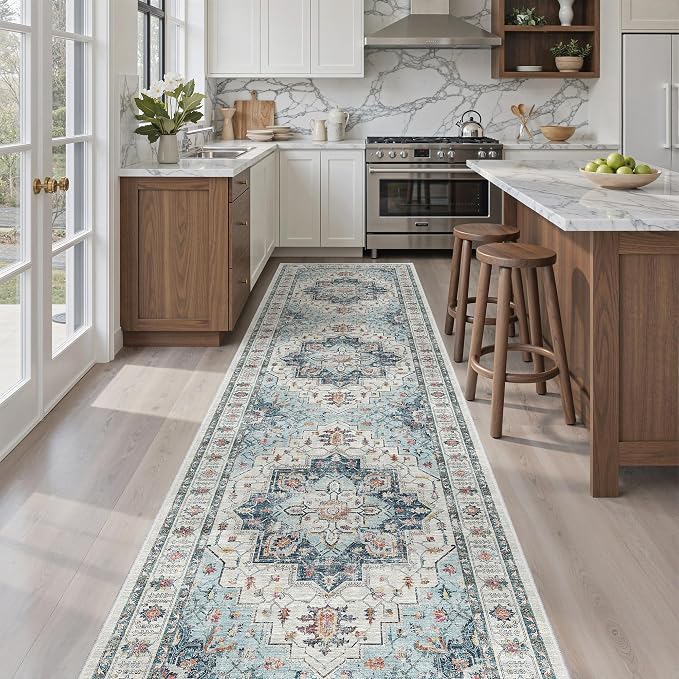 Madane Hallway Runner Rug 2'6''x10' Blue, Washable Vintage Kitchen Runners | - Image 3