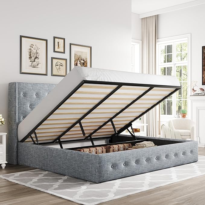 Allewie King Size Lift Up Storage Bed, Button Tufted Headboard with Wingback, Hydraulic Support, No Box Spring Needed, Grey Blue