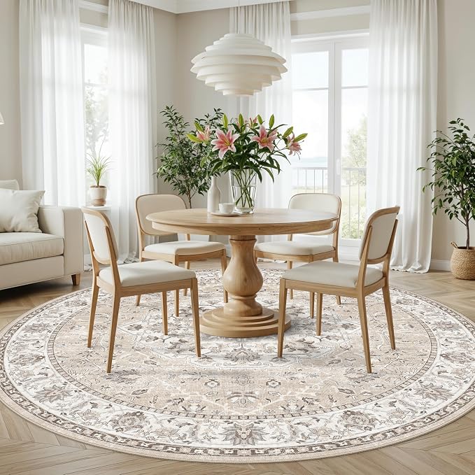 7x7 Living Room Area Rug: Washable Oriental Printed Soft Round Rug - Image 6