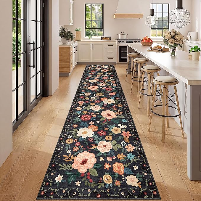 DUKINO 2.6x12 Kitchen Runner Rug, Floral Non Slip Long Washable Rug, Stain - Image 3