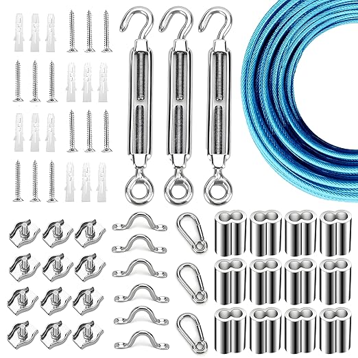 Globe String Light Suspension Kit, Outdoor Light Guide Wire, Vinyl Coated Stainless Steel Steel Cable，Include 150ft Transparent PVC and 304 Stainless Steel Wire Cable, Turnbuckle and Hooks